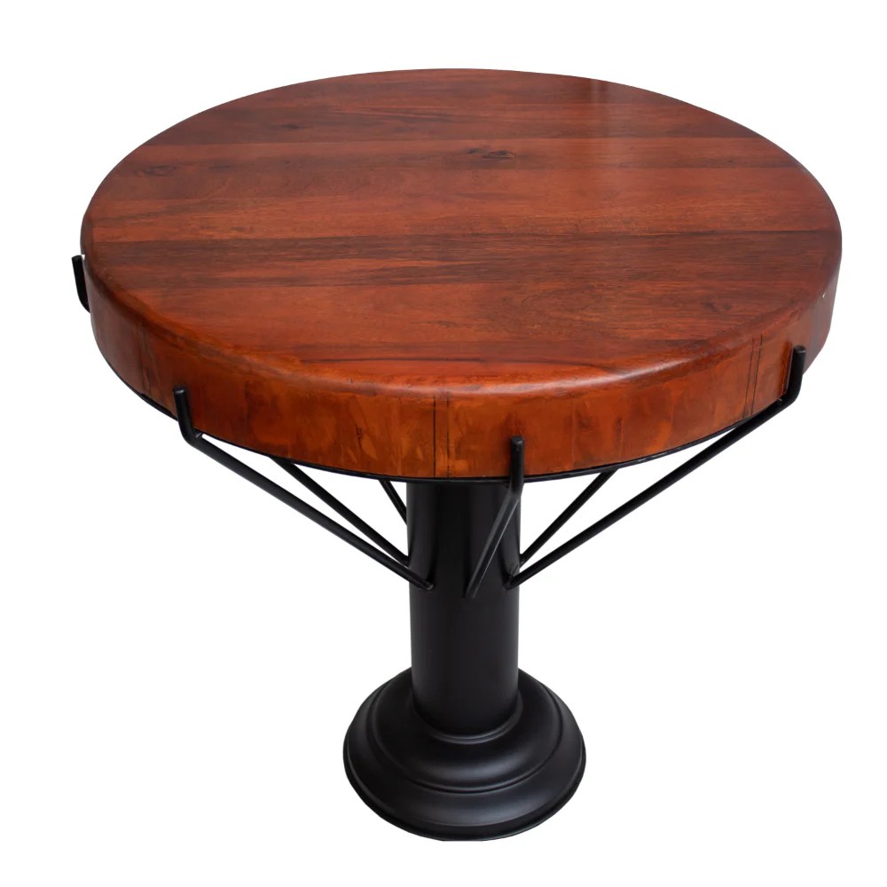 Round Mango Wood End Table, 26 Inch, Black Iron Base