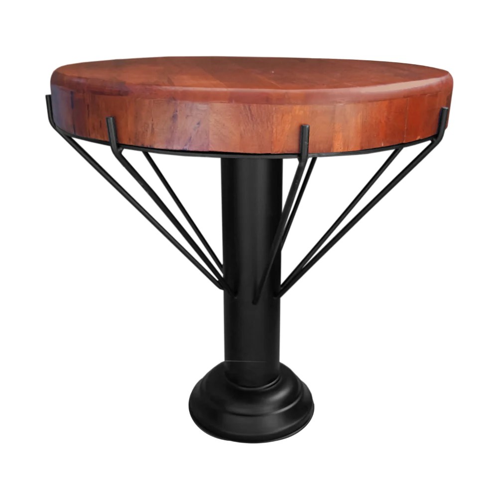 Round Mango Wood End Table, 26 Inch, Black Iron Base