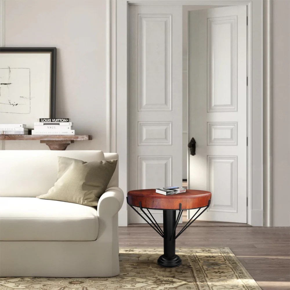 Round Mango Wood End Table, 26 Inch, Black Iron Base