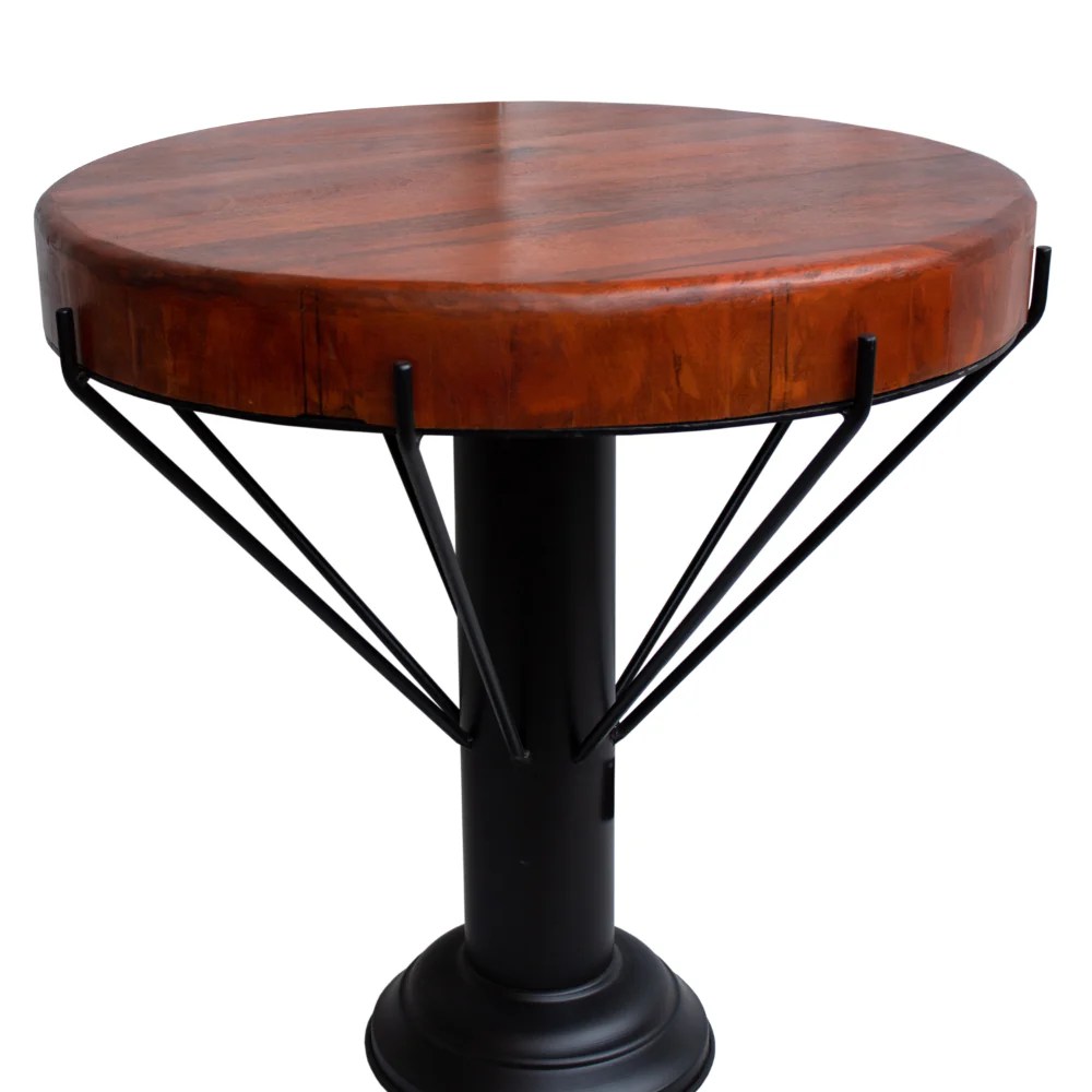 Round Mango Wood End Table, 26 Inch, Black Iron Base