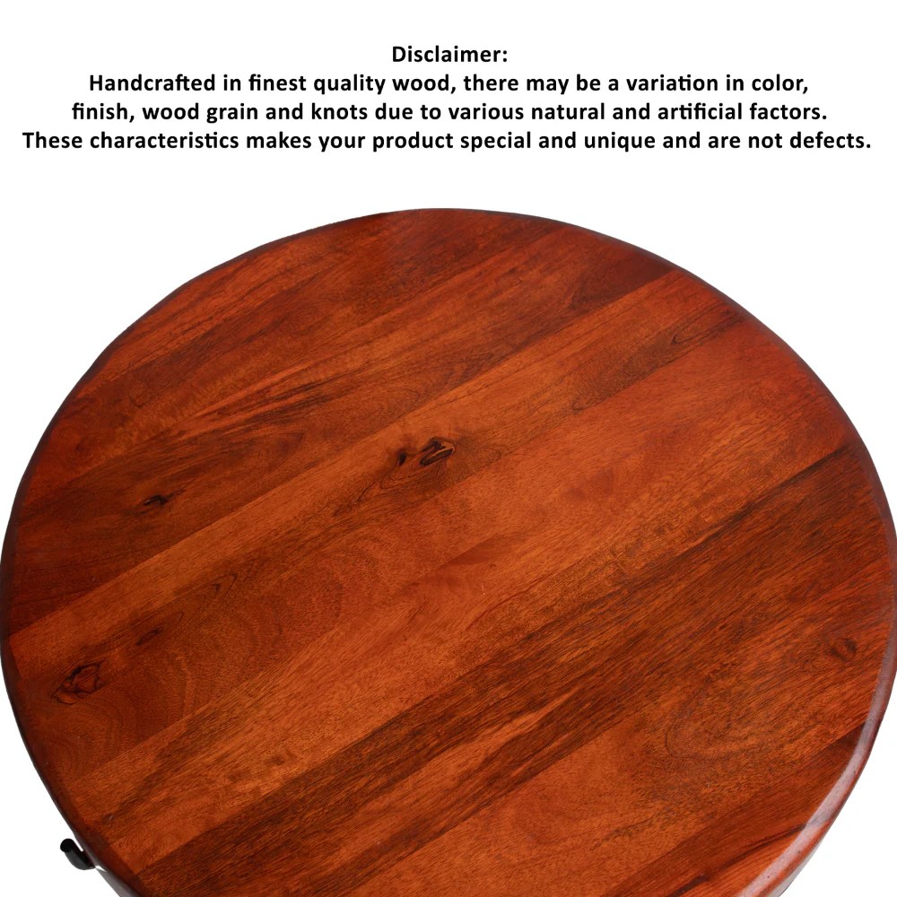 Round Mango Wood End Table, 26 Inch, Black Iron Base