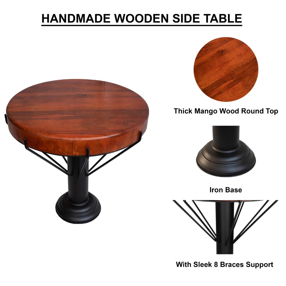 Round Mango Wood End Table, 26 Inch, Black Iron Base