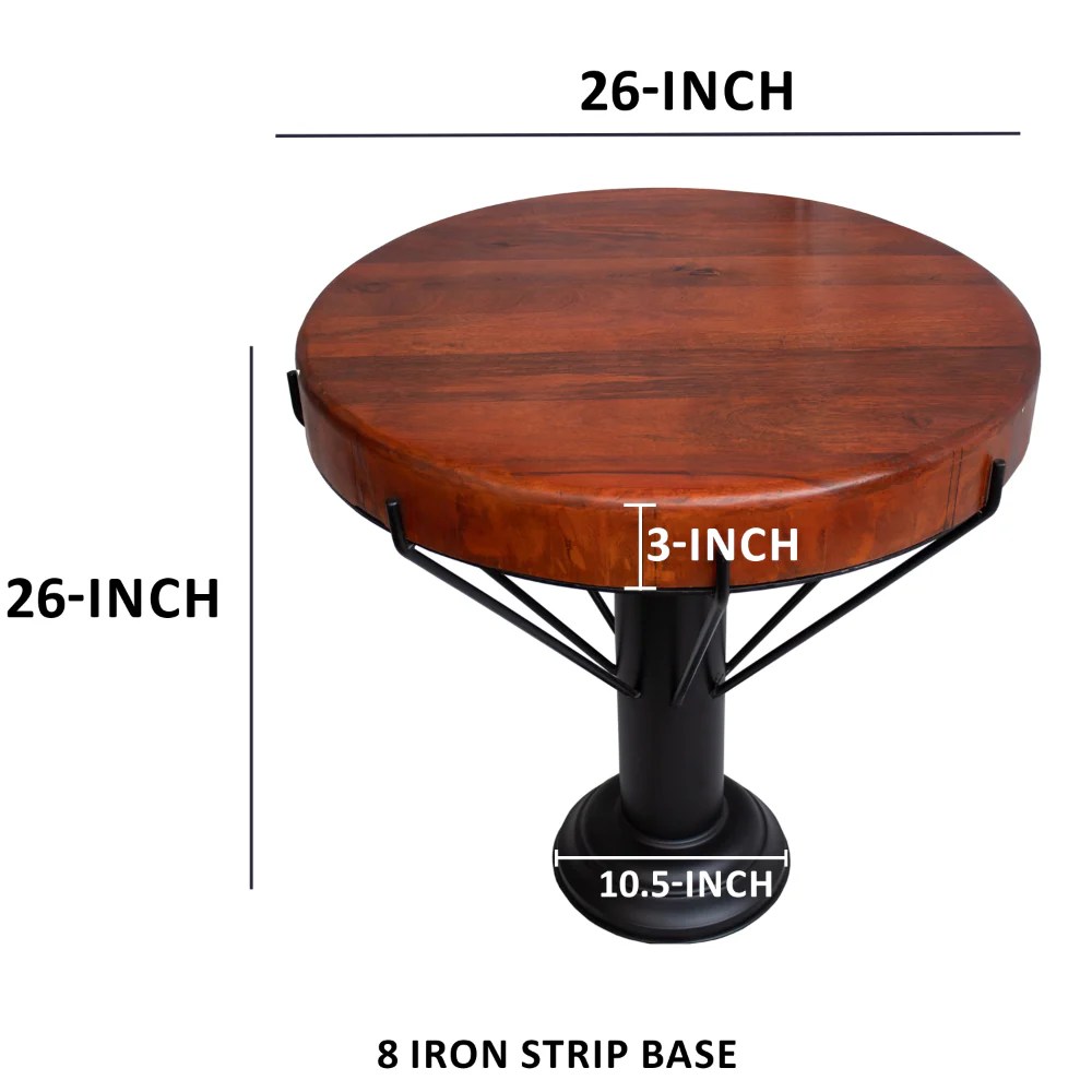Round Mango Wood End Table, 26 Inch, Black Iron Base