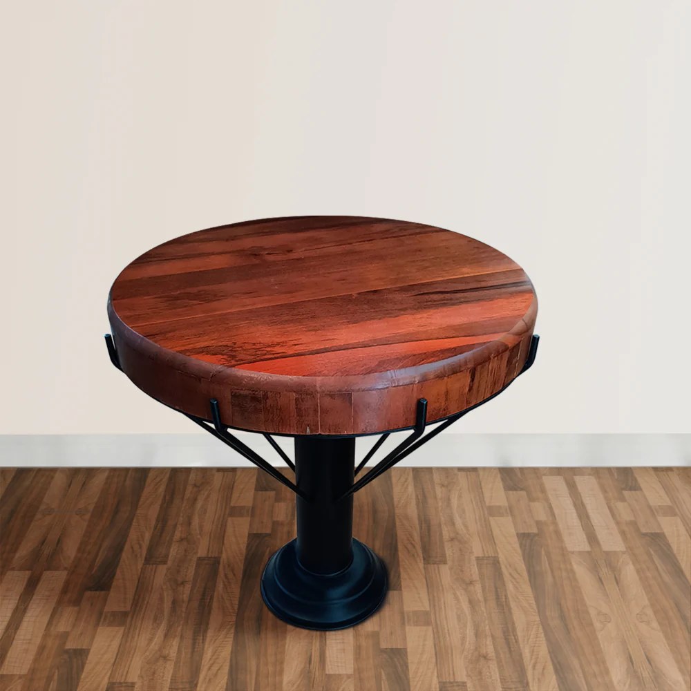 Round Mango Wood End Table, 26 Inch, Black Iron Base
