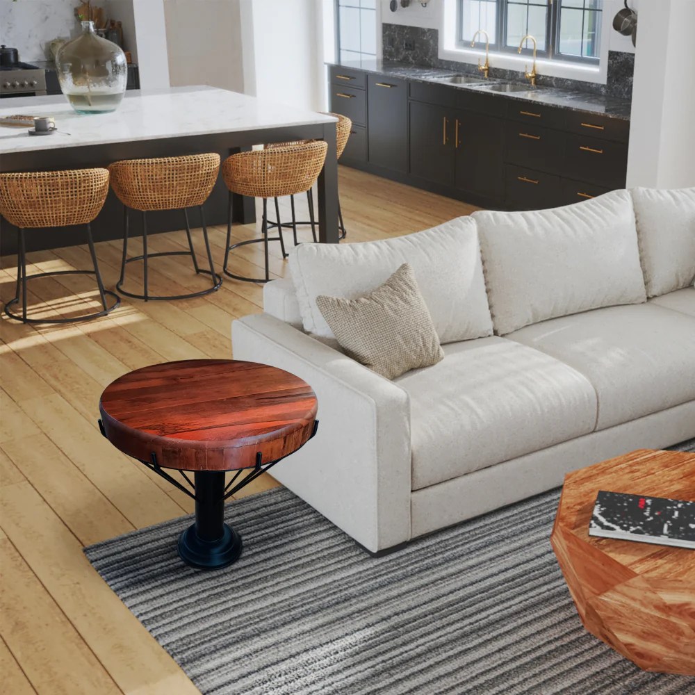 Round Mango Wood End Table, 26 Inch, Black Iron Base