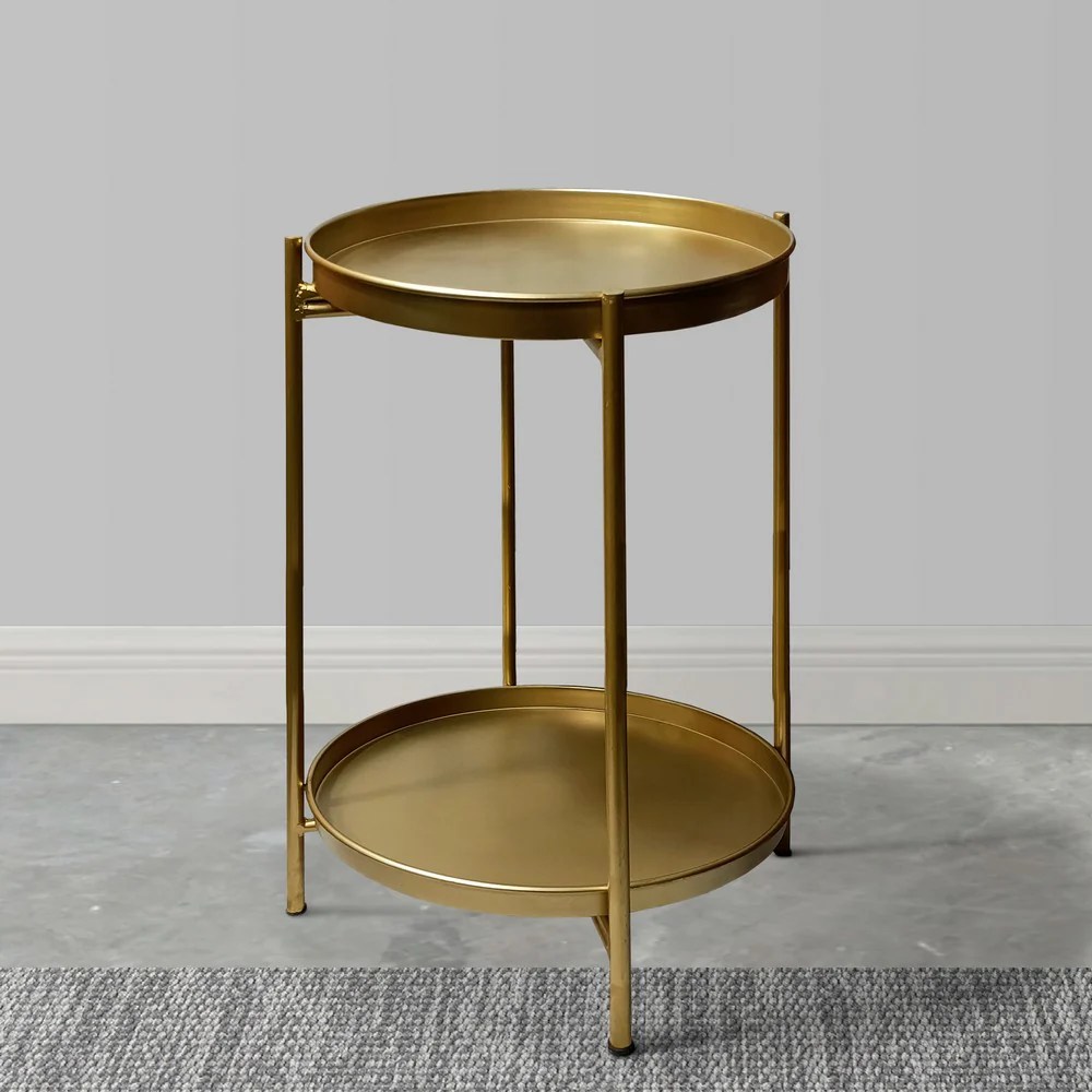 Gold Metal Round End Table, 2-Tier, Iron, 20"H