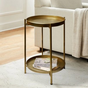 Gold Metal Round End Table, 2-Tier, Iron, 20"H