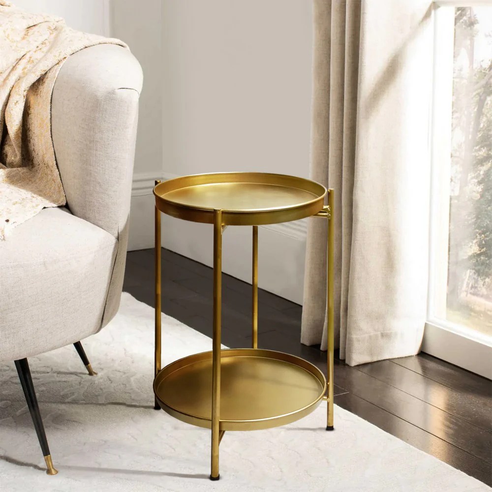 Gold Metal Round End Table, 2-Tier, Iron, 20"H