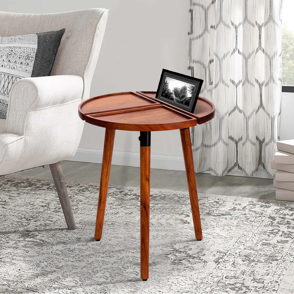 Acacia Wood Round End Table, 18 Inch, 3 Sections