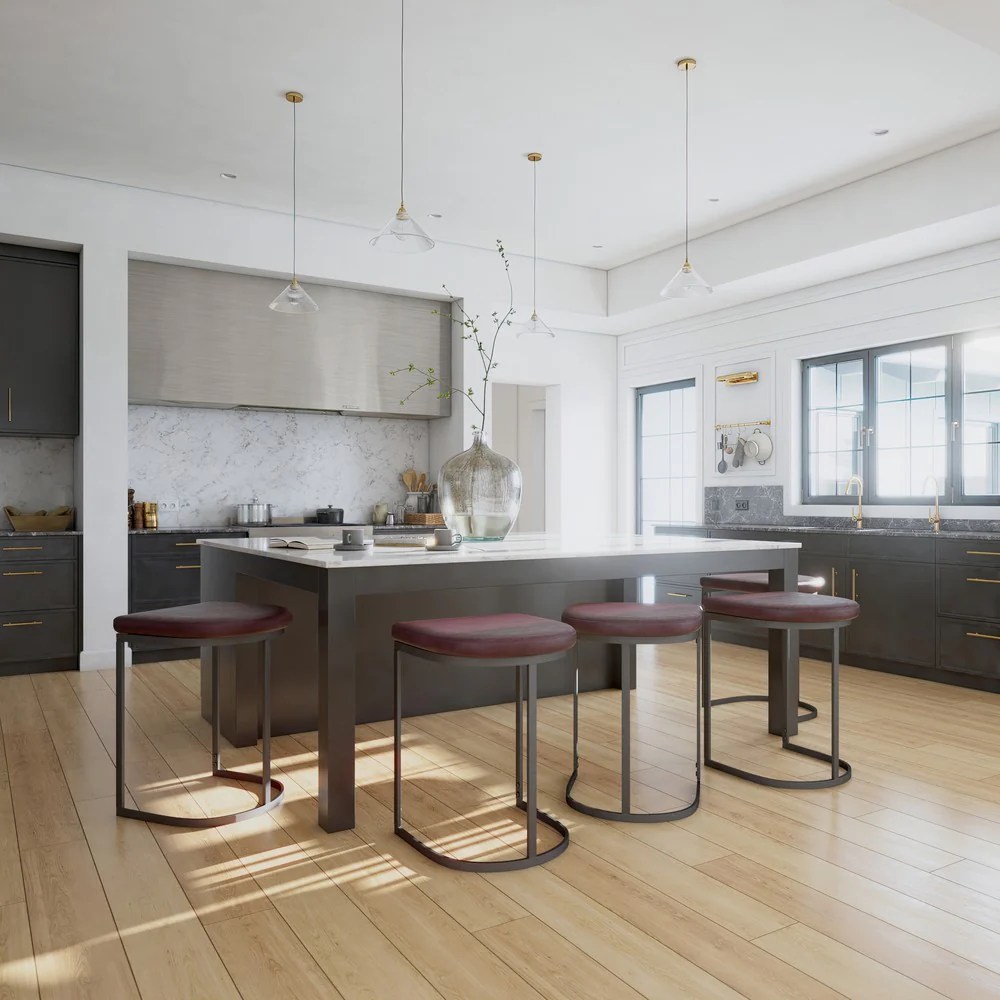 Vegan Leather Counter Stool, Black Iron Frame, Brown, 26"