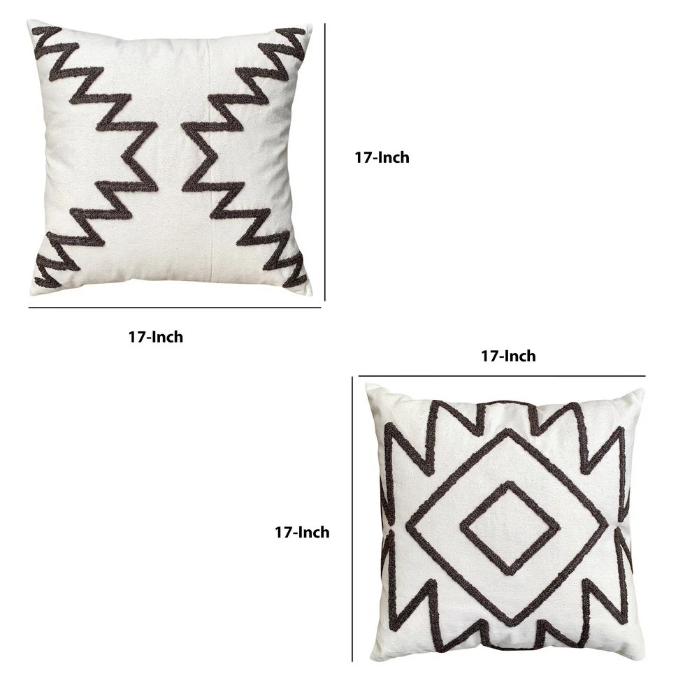 Aztec Throw Pillows, Cotton, Square, Set of 2, Gray, White