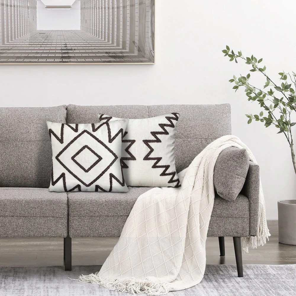 Aztec Throw Pillows, Cotton, Square, Set of 2, Gray, White