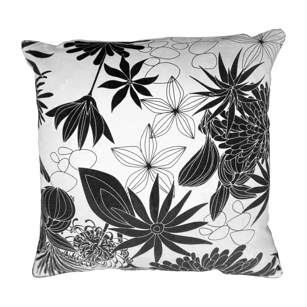 Black White Floral Throw Pillows, Cotton, Square, Set of 2