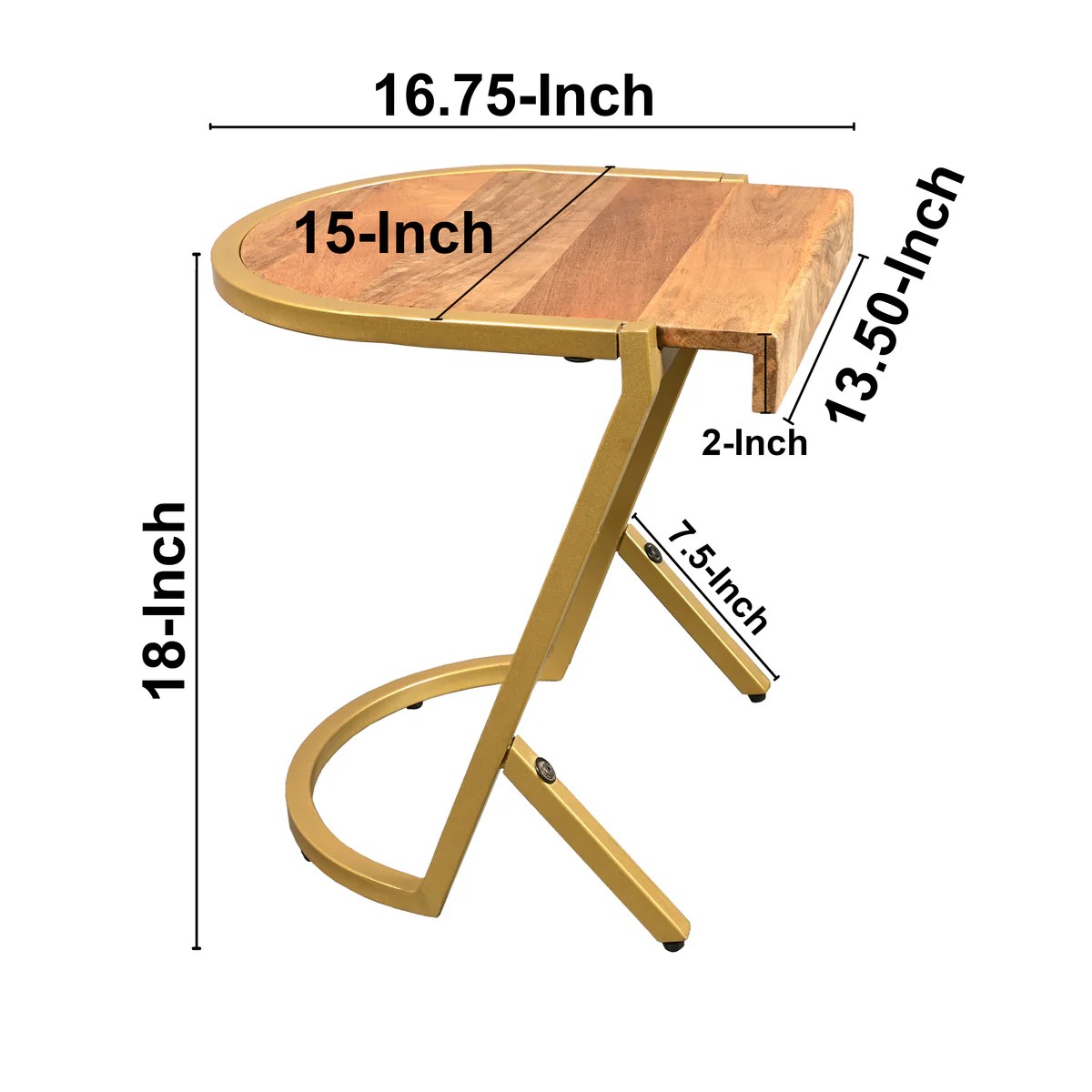 Mango Wood C-End Table, Gold Iron Frame, 17 Inch