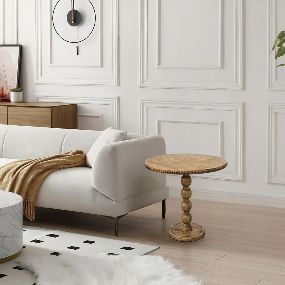 21" Round Mango Wood End Table, Stacked Ball Base