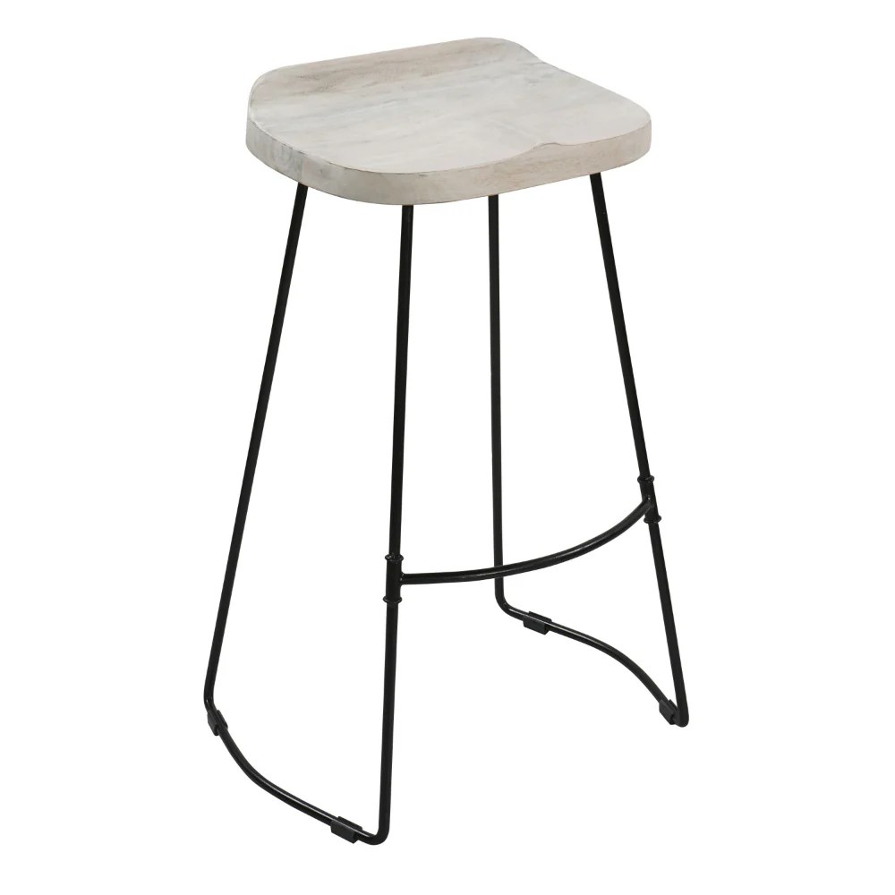 Industrial Bar Stool, Mango Wood, Whitewashed, Black Metal