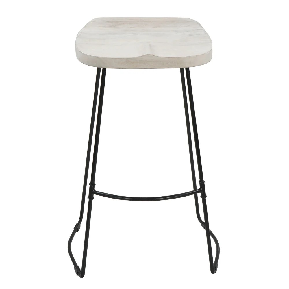 Industrial Bar Stool, Mango Wood, Whitewashed, Black Metal