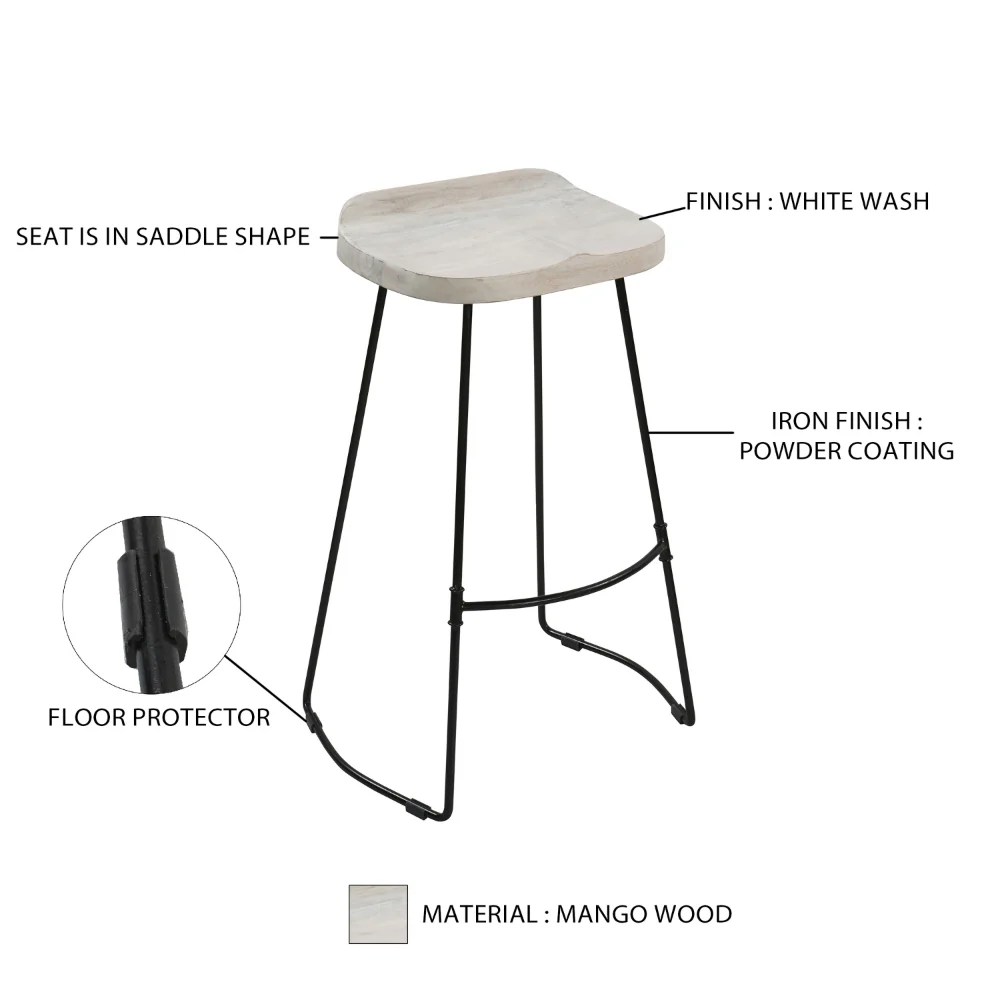 Industrial Bar Stool, Mango Wood, Whitewashed, Black Metal
