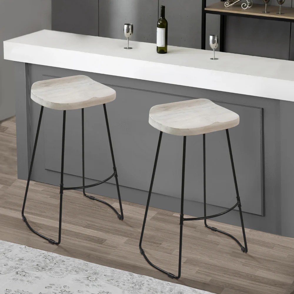 Industrial Bar Stool, Mango Wood, Whitewashed, Black Metal