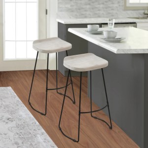 Industrial Bar Stool, Mango Wood, Whitewashed, Black Metal