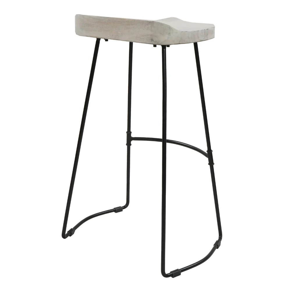 Industrial Bar Stool, Mango Wood, Whitewashed, Black Metal