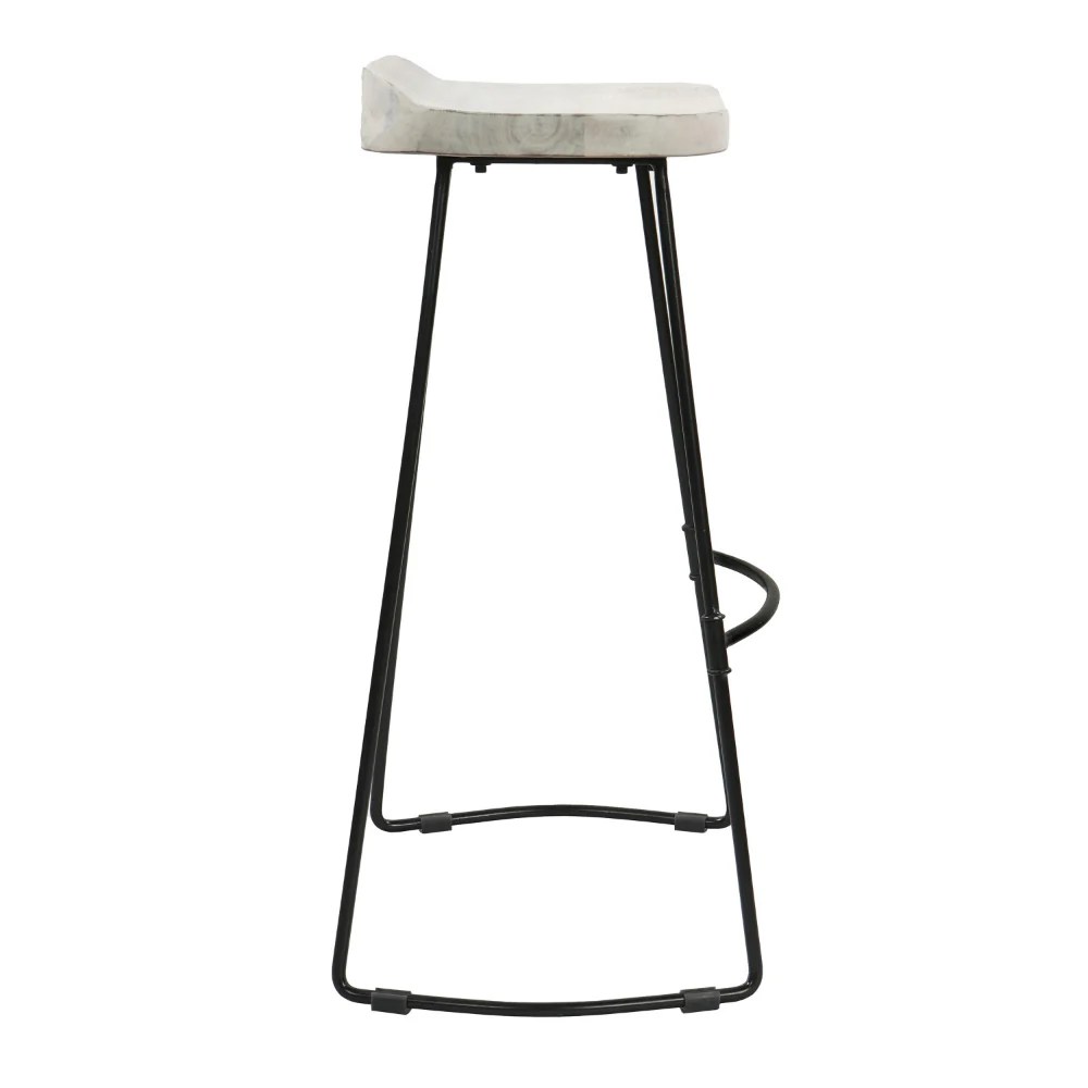 Industrial Bar Stool, Mango Wood, Whitewashed, Black Metal