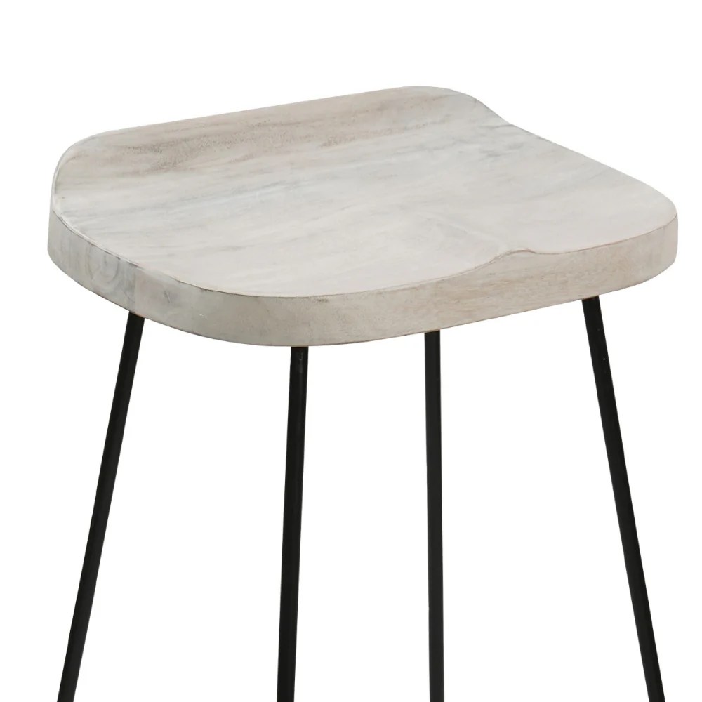 Industrial Bar Stool, Mango Wood, Whitewashed, Black Metal
