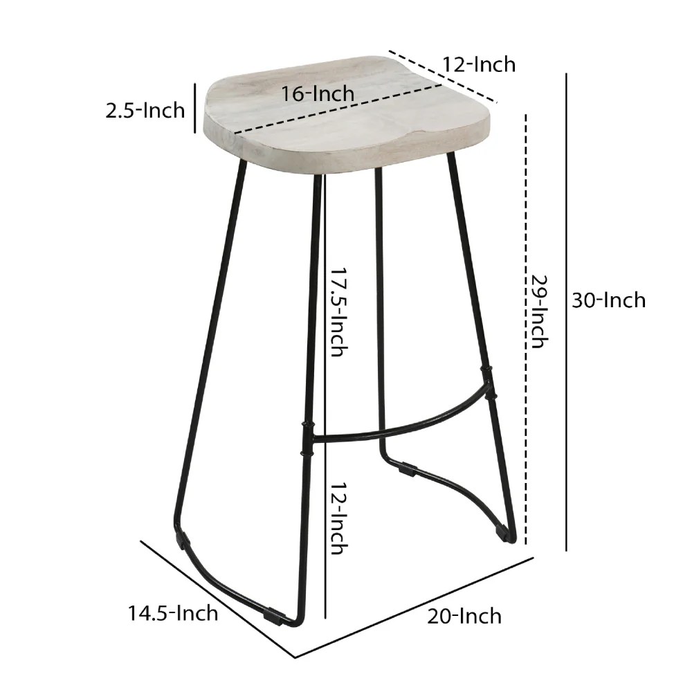 Industrial Bar Stool, Mango Wood, Whitewashed, Black Metal