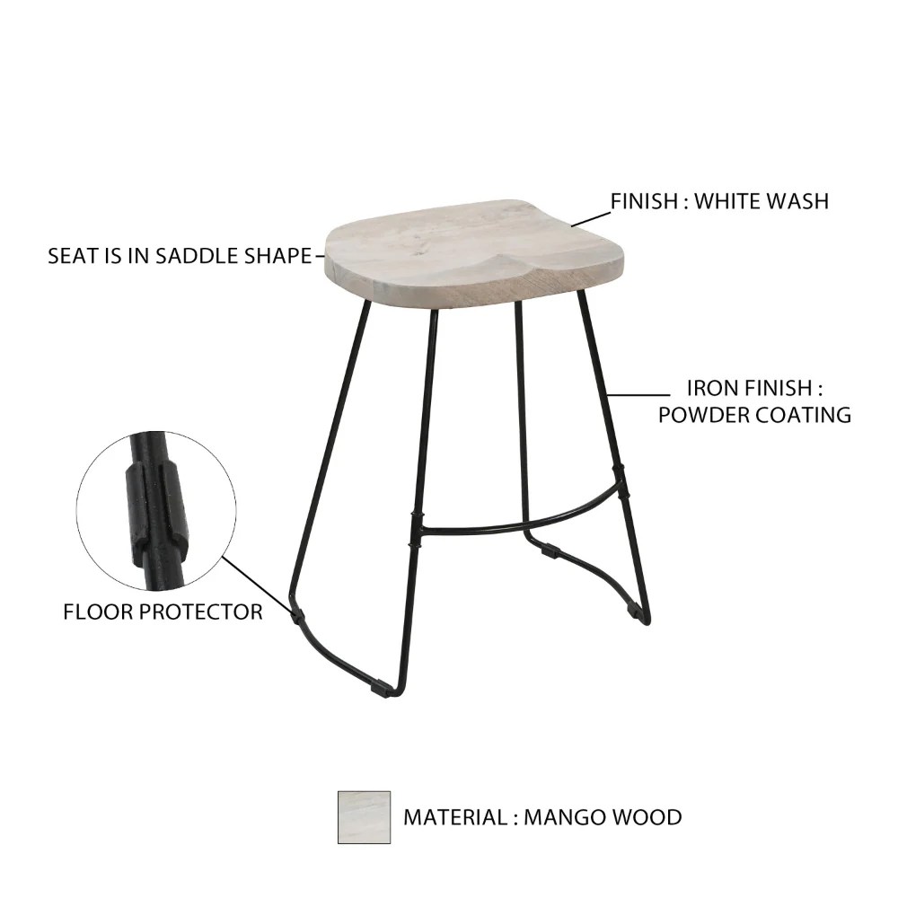 Industrial Counter Stool, Mango Wood, Whitewash, 24"