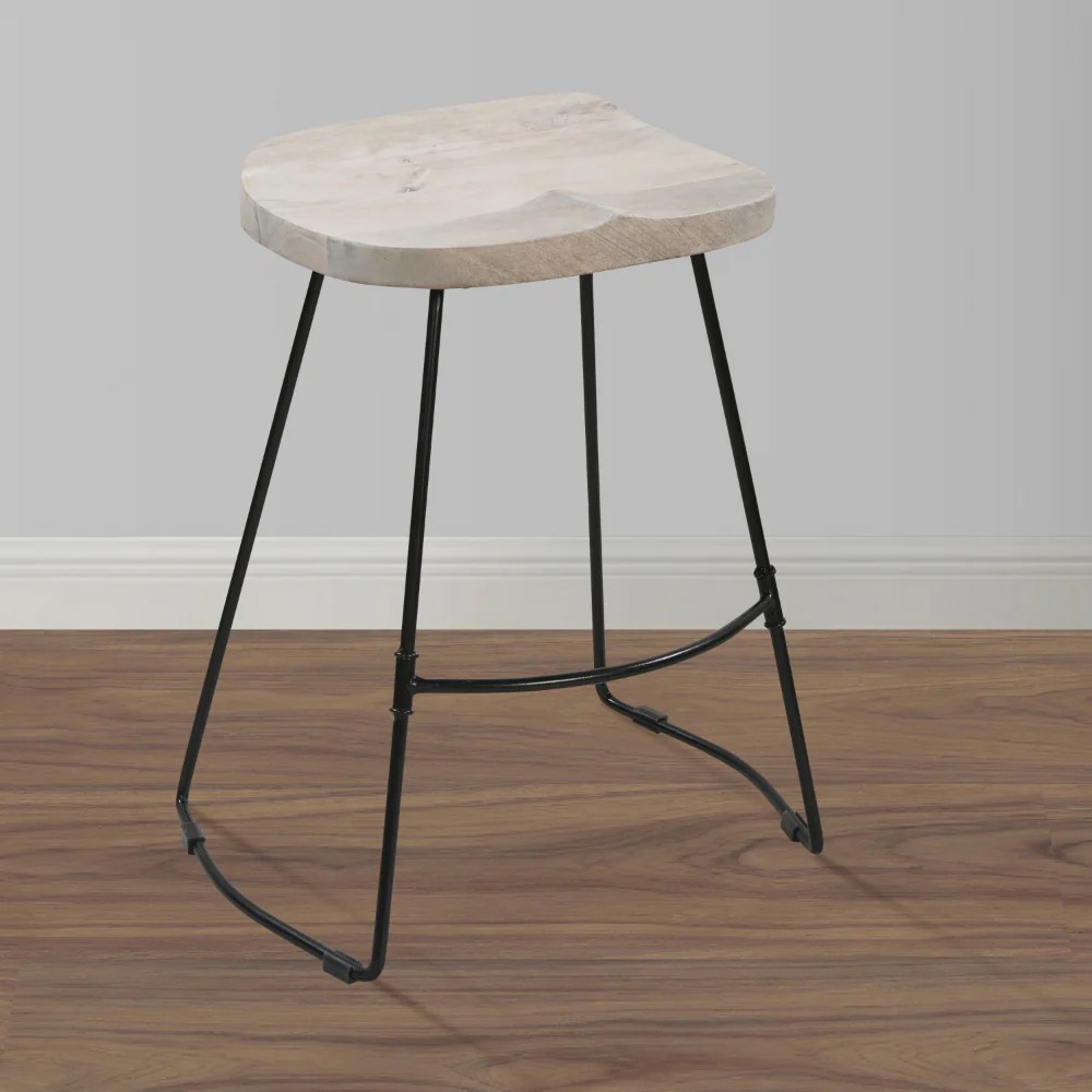 Industrial Counter Stool, Mango Wood, Whitewash, 24"