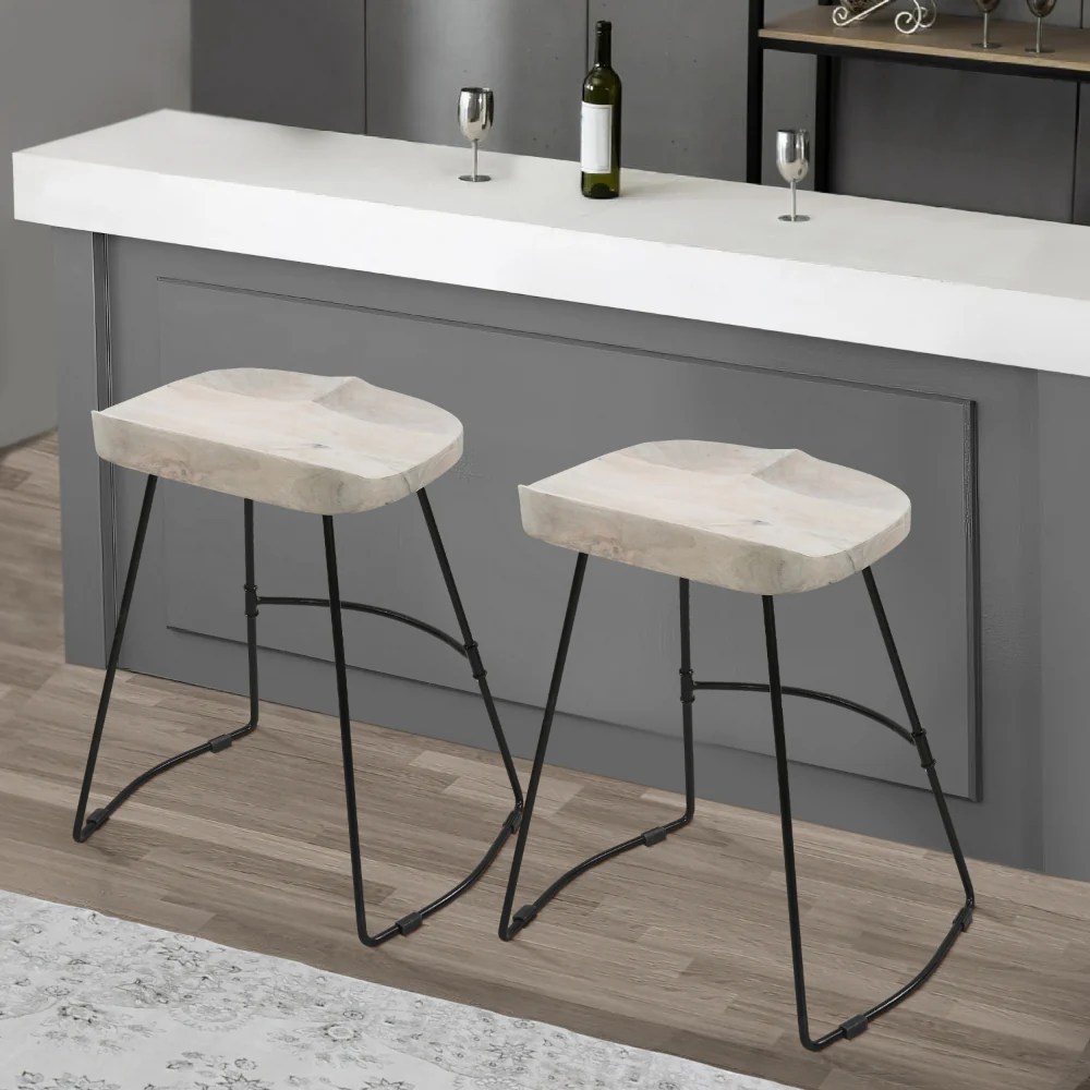 Industrial Counter Stool, Mango Wood, Whitewash, 24"