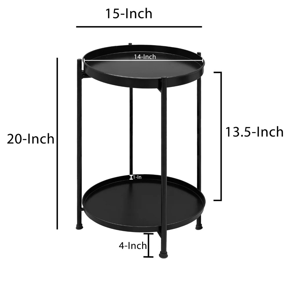 Foldable Black Iron Side Table with Tray, 15 Inch