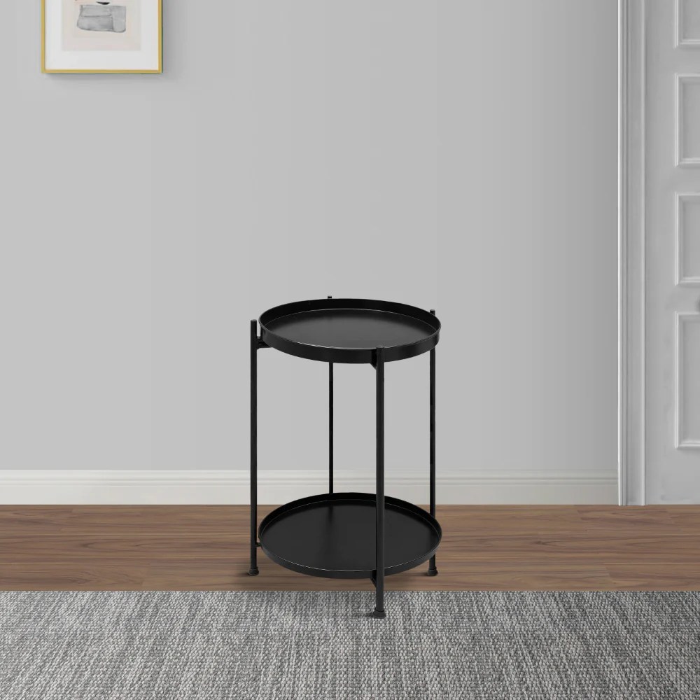 Foldable Black Iron Side Table with Tray, 15 Inch