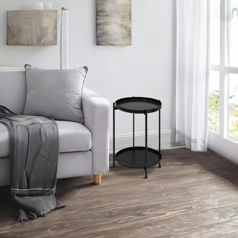 Foldable Black Iron Side Table with Tray, 15 Inch