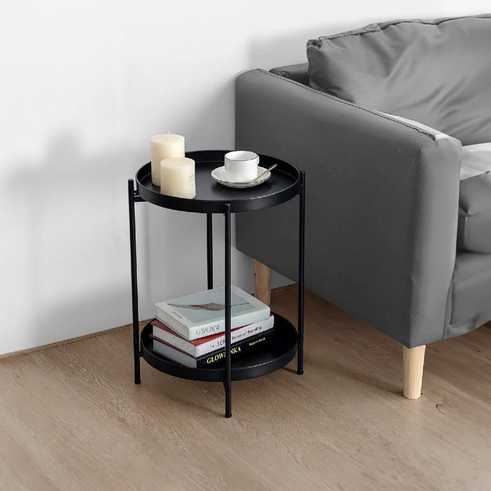 Foldable Black Iron Side Table with Tray, 15 Inch