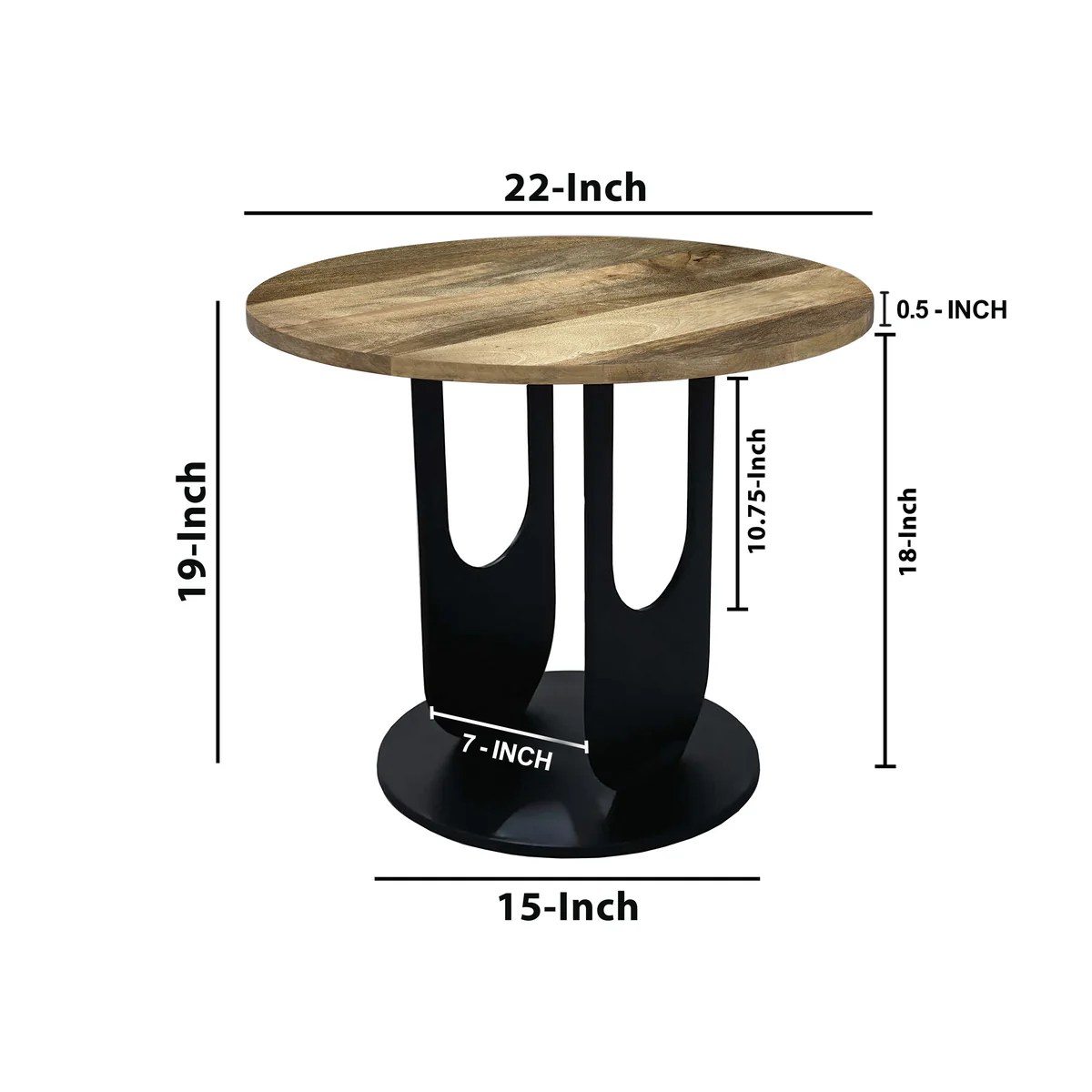 Mango Wood End Table, Round, Black Legs, 22 Inch