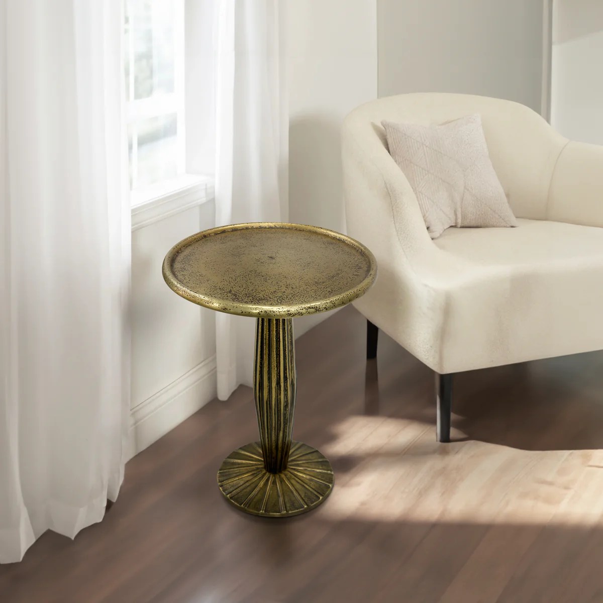 Antique Brass Side Table, Round, Fluted, Aluminum
