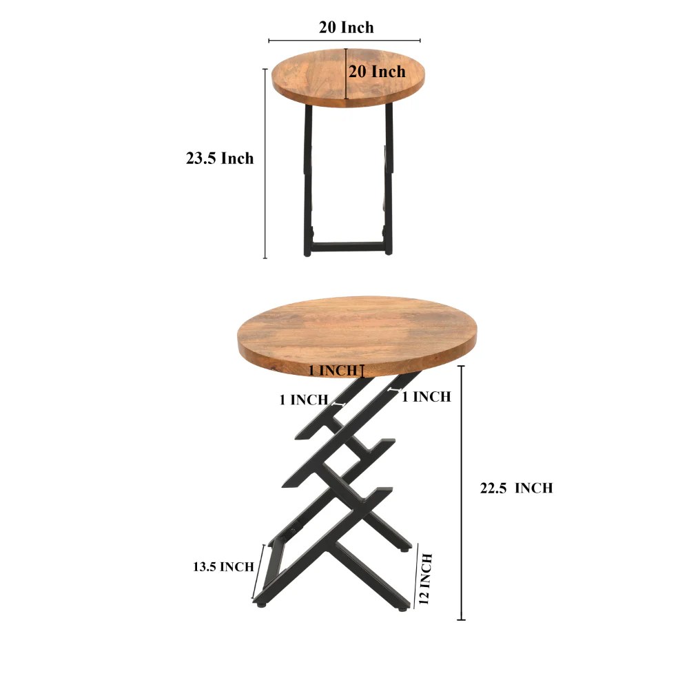 Modern Round Wood Side Table, Black Iron Legs, 23"