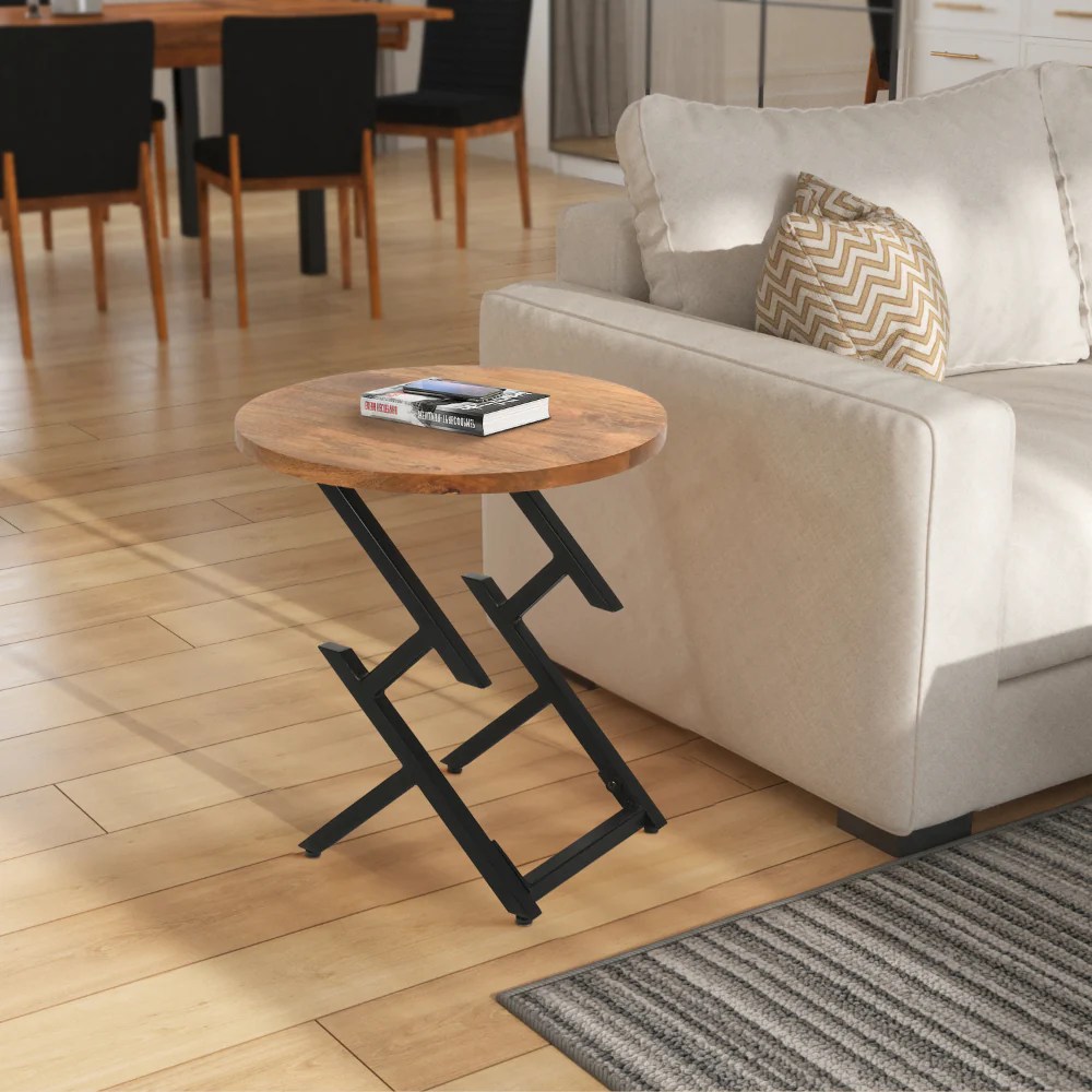 Modern Round Wood Side Table, Black Iron Legs, 23"