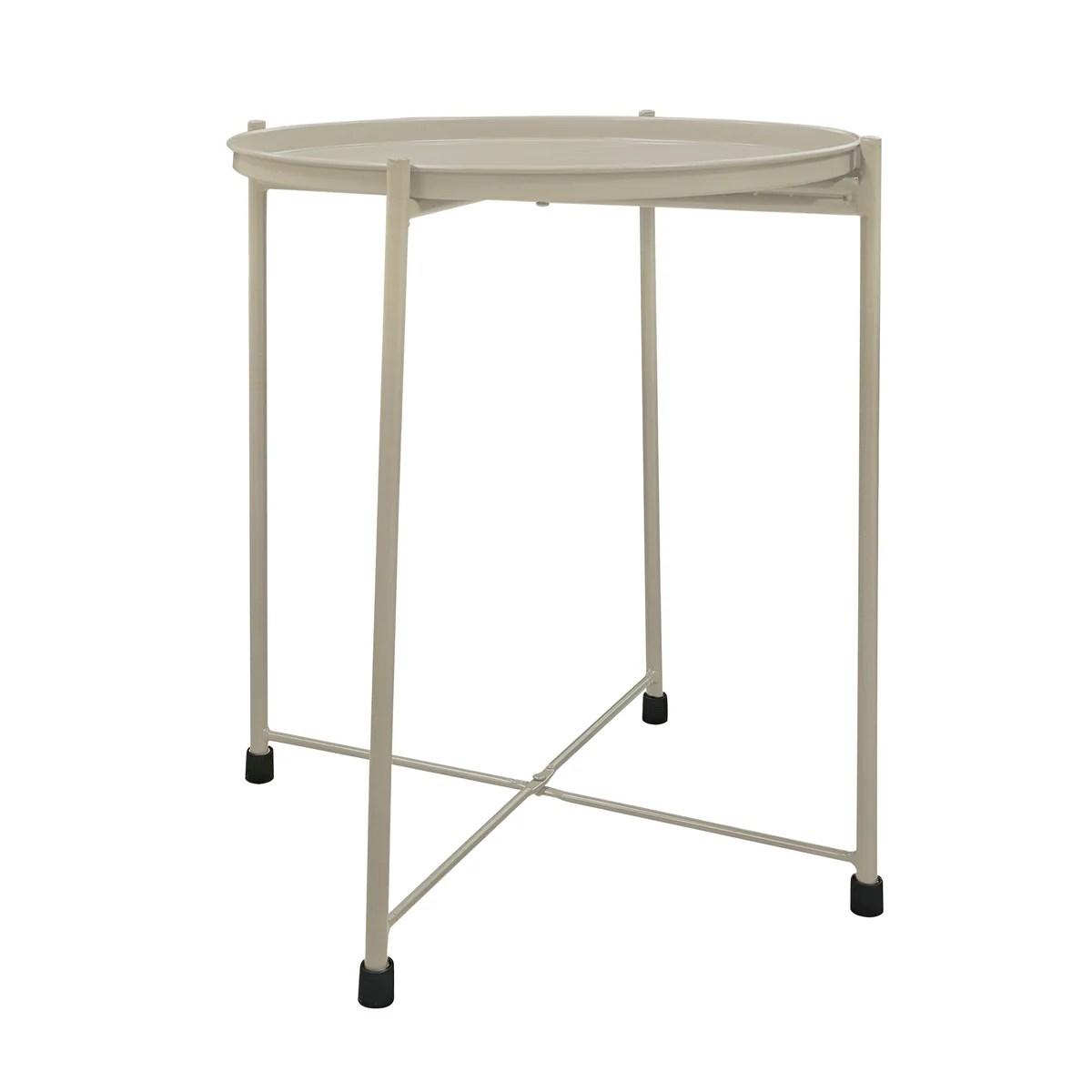 Beige Foldable Round End Table, Metal Tray Top, Iron Frame