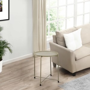 Beige Foldable Round End Table, Metal Tray Top, Iron Frame