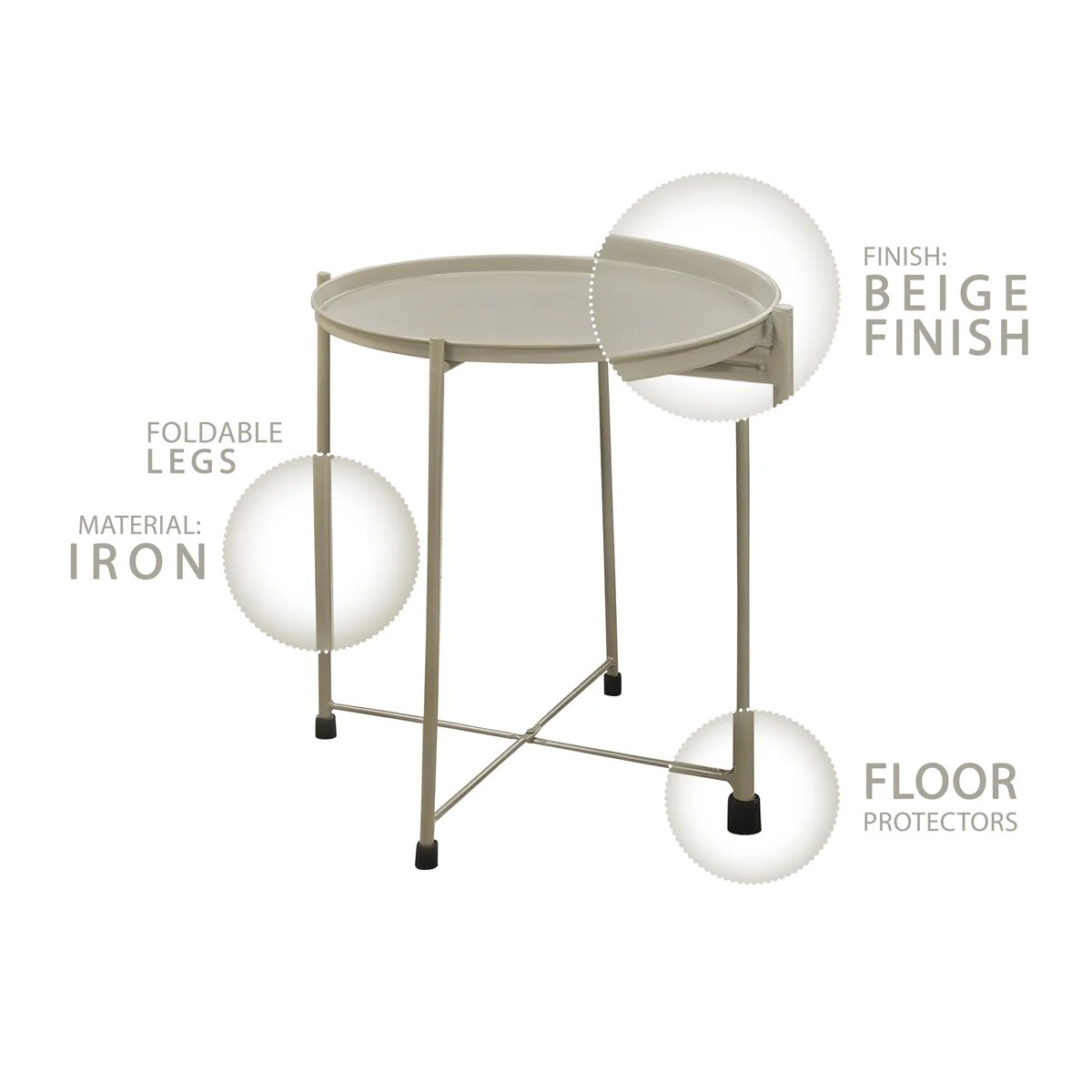 Beige Foldable Round End Table, Metal Tray Top, Iron Frame