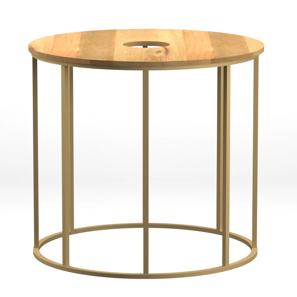 19" Round Mango Wood Side Table, Brass Frame