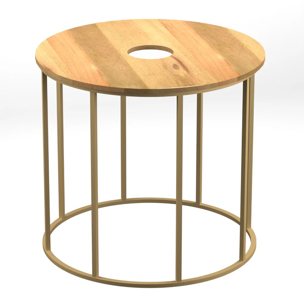 19" Round Mango Wood Side Table, Brass Frame