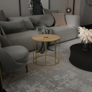 19" Round Mango Wood Side Table, Brass Frame