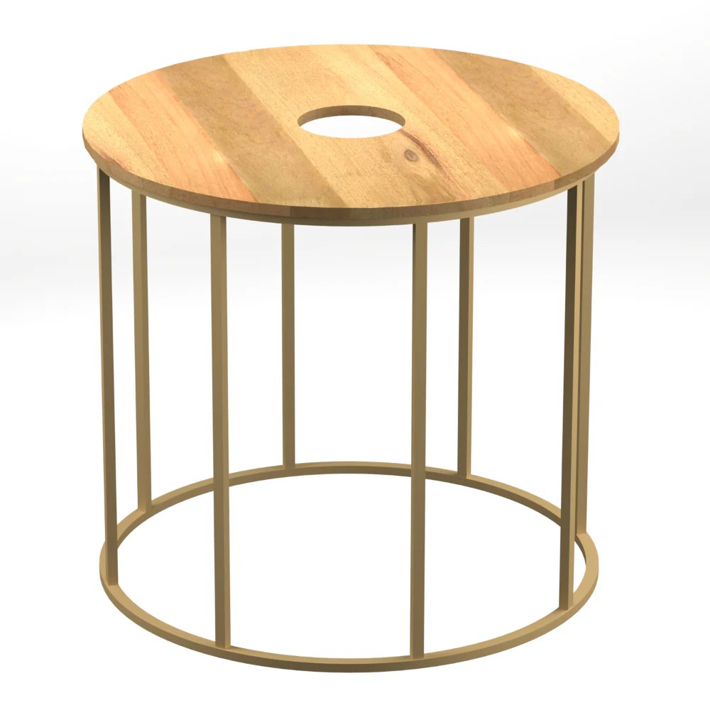 19" Round Mango Wood Side Table, Brass Frame
