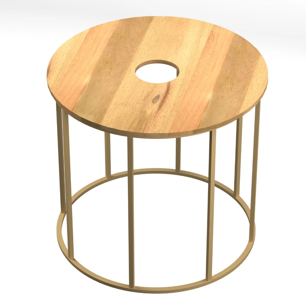 19" Round Mango Wood Side Table, Brass Frame