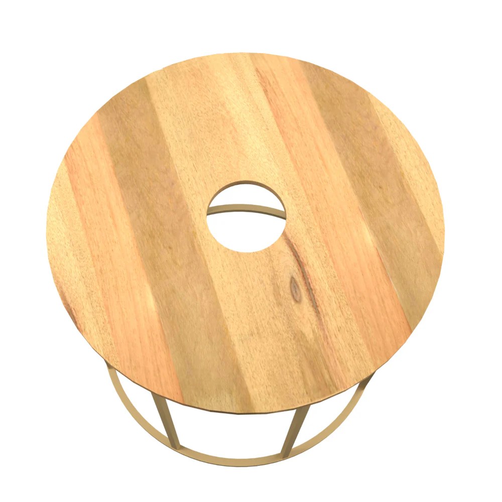 19" Round Mango Wood Side Table, Brass Frame
