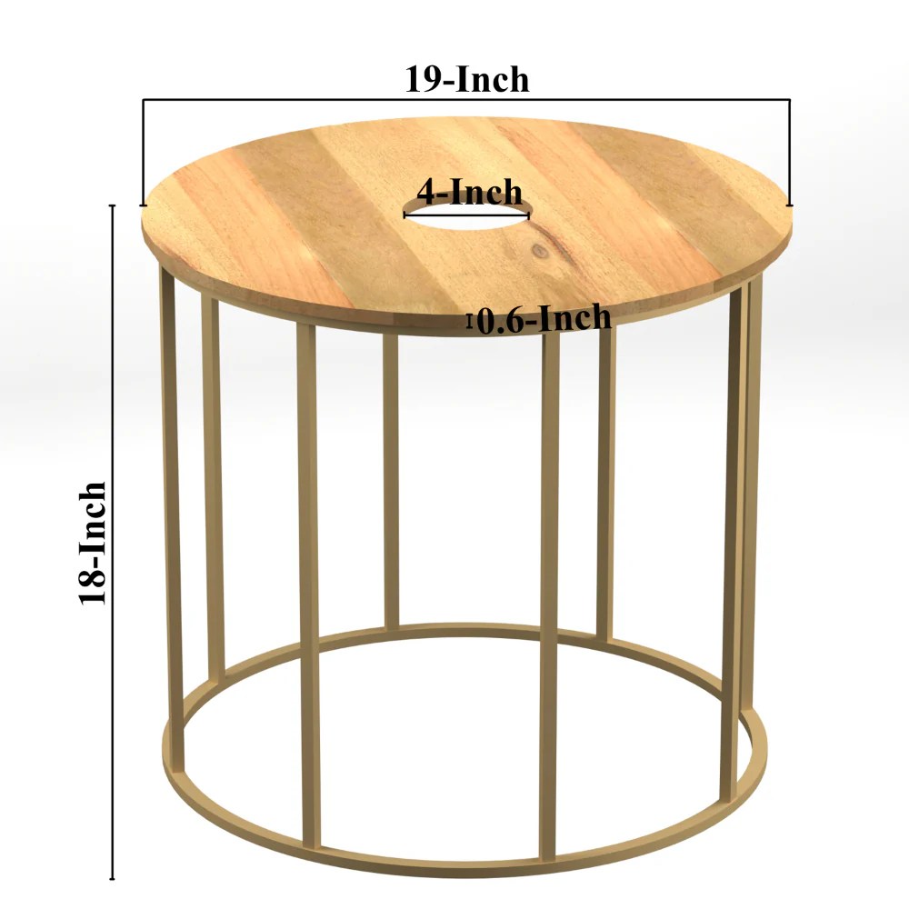 19" Round Mango Wood Side Table, Brass Frame