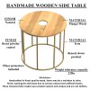 19" Round Mango Wood Side Table, Brass Frame